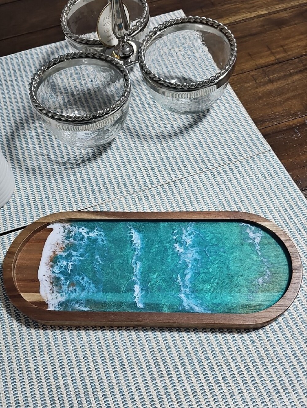 Teal Ocean Resin Acacia Wood Tray - Decorative Home Accent - Picture 3 of 11